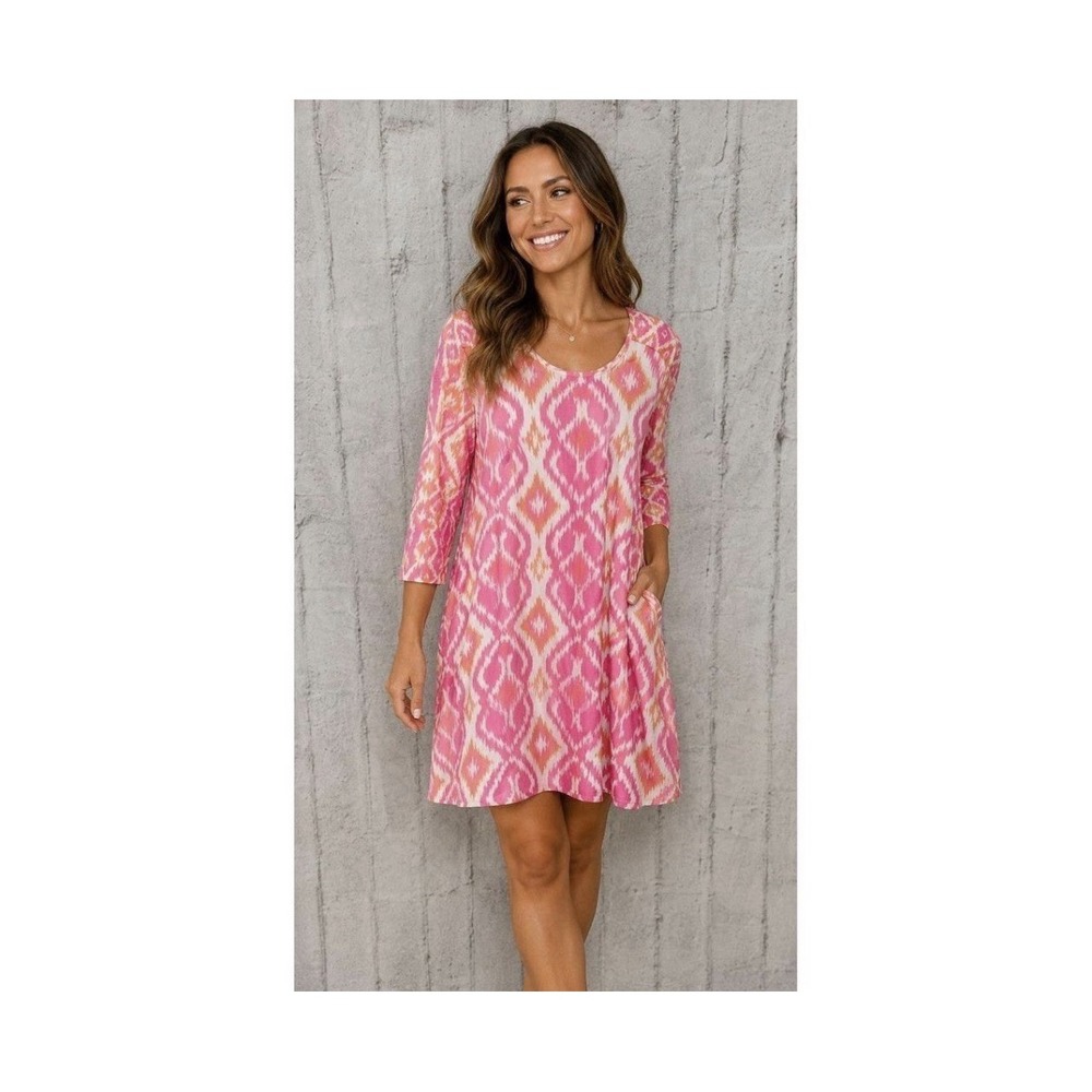 Gretchen Scott Ikat Jersey Dress Size L Pink Orange Tropical Colorful Vibrant